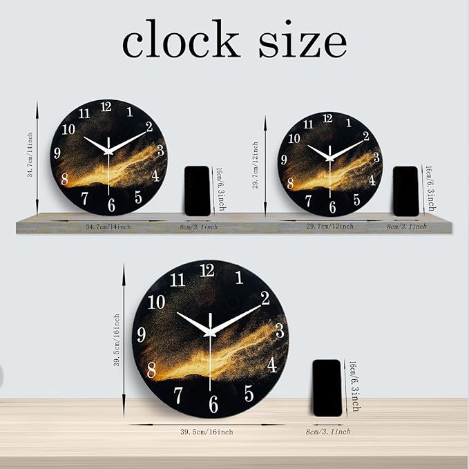 Black and Gold Modern Wall Clocks Battery Operated 12 Inch Silent Wall Clock Non Ticking Glass Wall Clock for Living Room