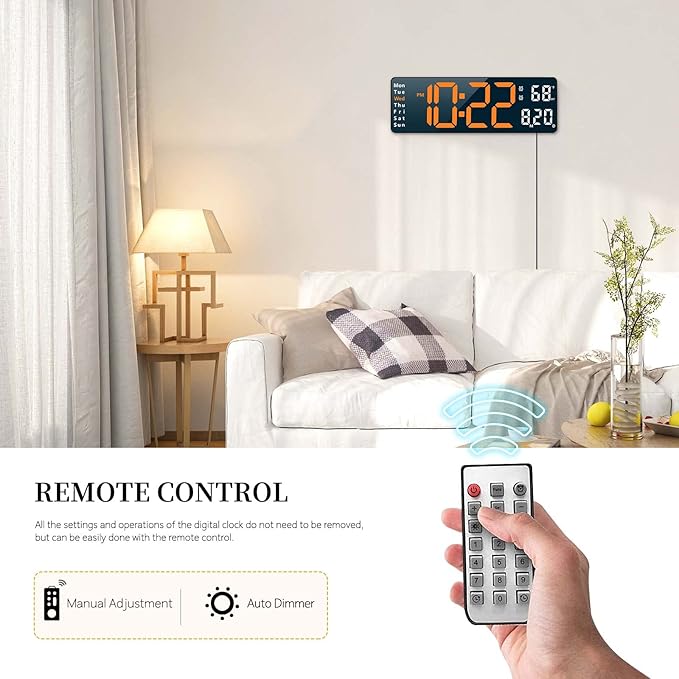 Abovsare Digital Wall Clock for Living Room Decor, Desk Alarm Clock for Bedroom, Large Wall Clock with Remote Control, Automatic Brightness Dimmer LED Clock with Date Temperature Week (Orange-B)