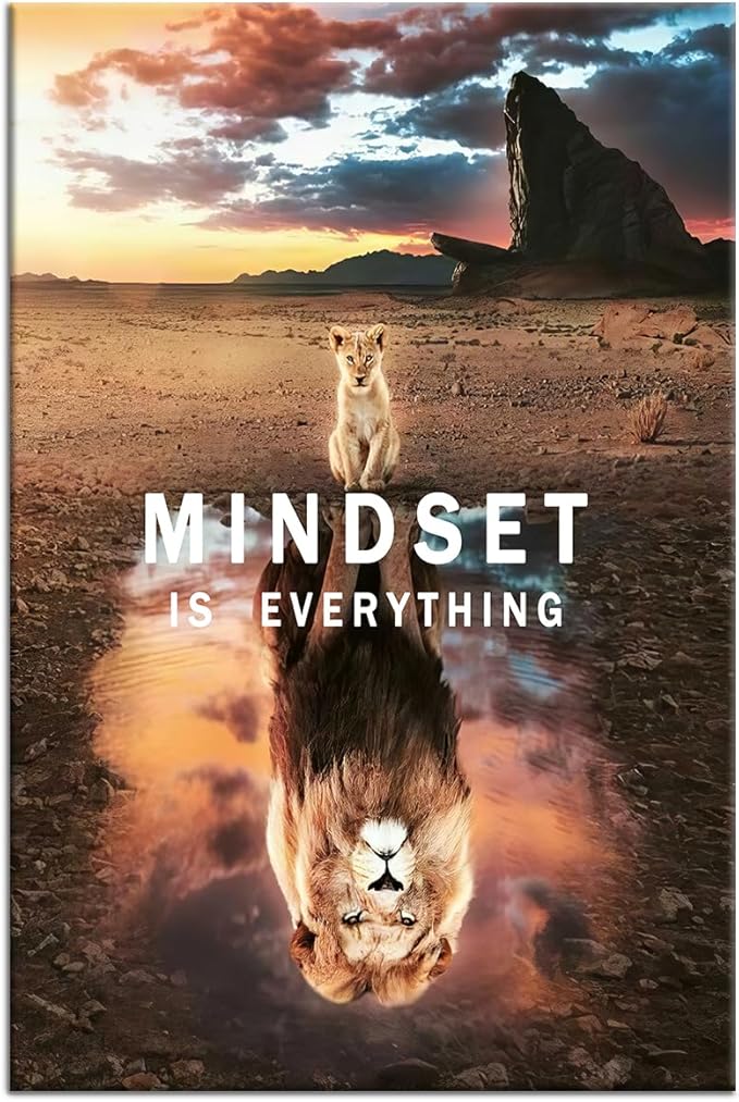 Mindset is Everything Canvas Painting Wall Art Motivational Posters Cute Animal Small Cat Big Lions Picture Prints Inspirational Framed Artwork Modern Home Decor Living Room Bedroom [24''W x 36''H]