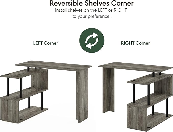 Furinno Moore L-Shape Computer Desk with 3-Tier Shelves, French Oak