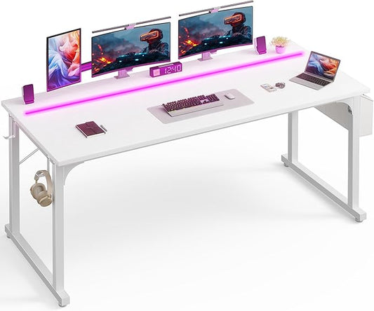 63 Inch Computer Desk with LED Lights, Office Desk for Home Office, Study Desk Writing Table with Storage Bag, Headphone Hook, White