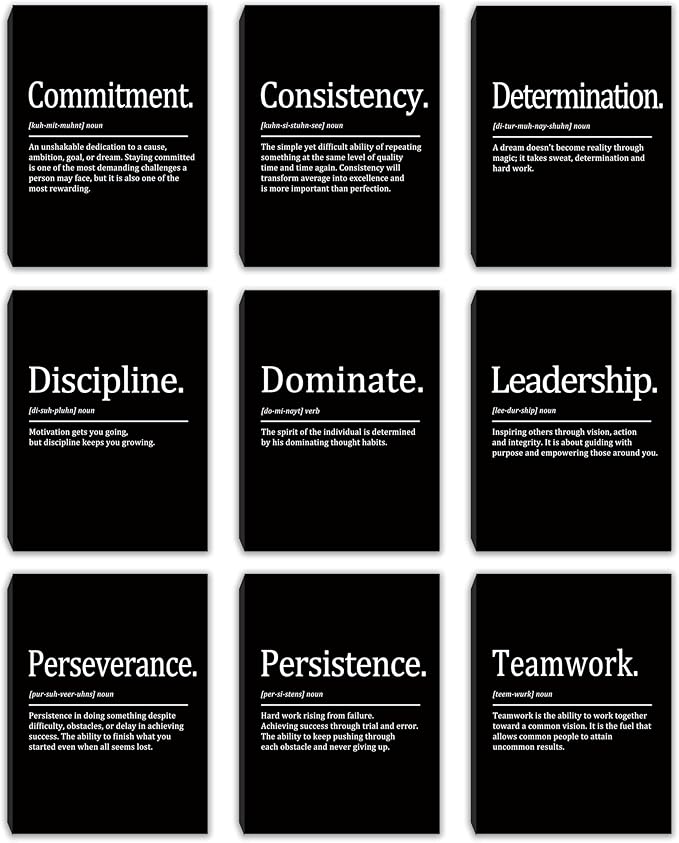 COSCTOR Set of 9 Motivational Wall Art Decor Inspirational Posters Quotes Framed Canvas Pictures Grind Hustle Execute for Workplace Office Garage Gym Classroom Bedroom(Framed,12x16)