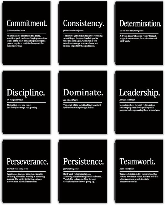 COSCTOR Set of 9 Motivational Wall Art Decor Inspirational Posters Quotes Framed Canvas Pictures Grind Hustle Execute for Workplace Office Garage Gym Classroom Bedroom(Framed,12x16)