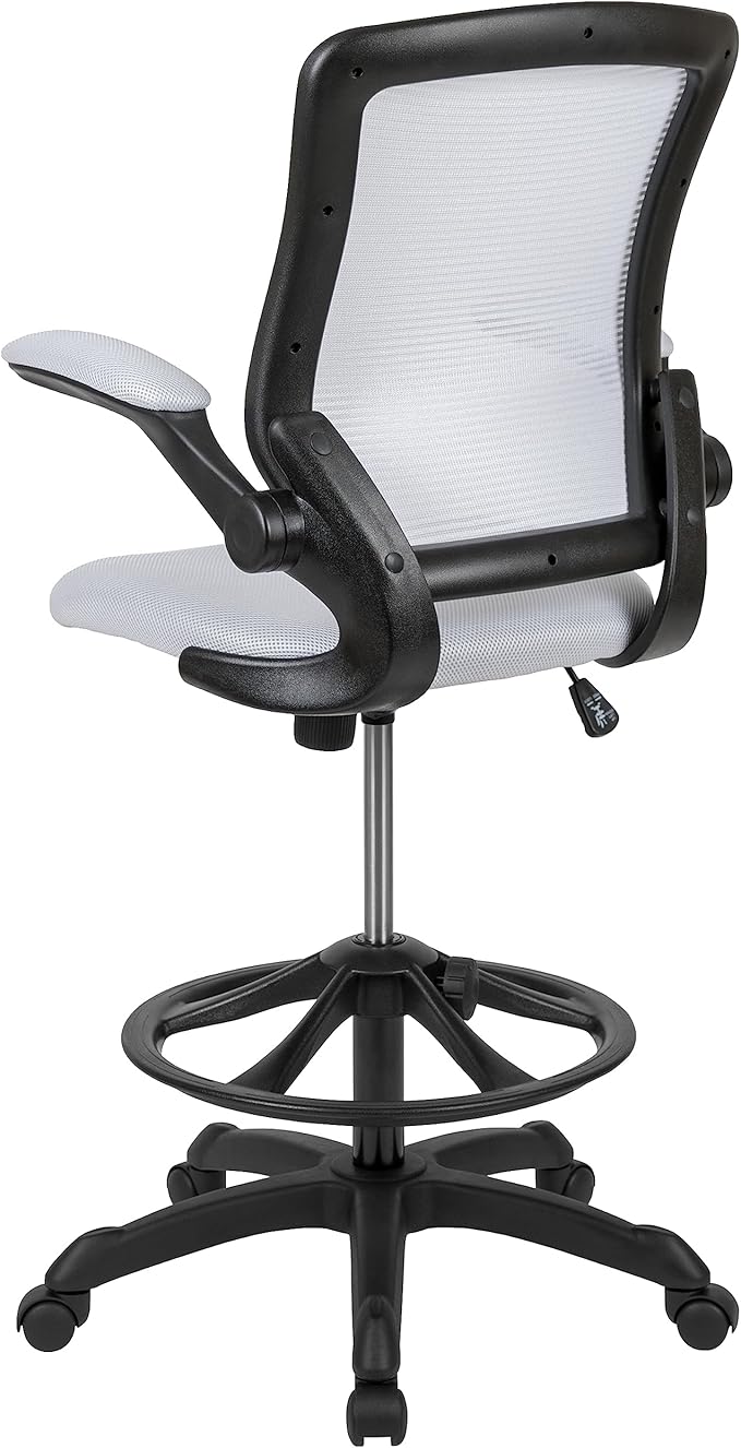 Flash Furniture Kale Mid-Back White Mesh Ergonomic Drafting Chair | Adjustable Foot Ring, Flip-Up Arms