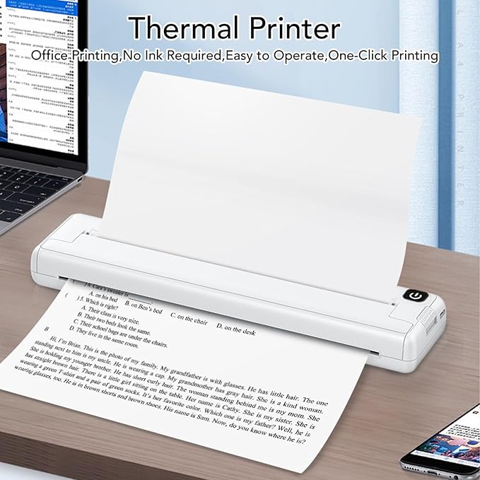 Bluetooth Thermal Printer, Wire less Label Printer with APP, Portable A4 Printer, Mini B/W Inkless Printer Compatible with iOS & Android Smartphone, for Office, Travel, School