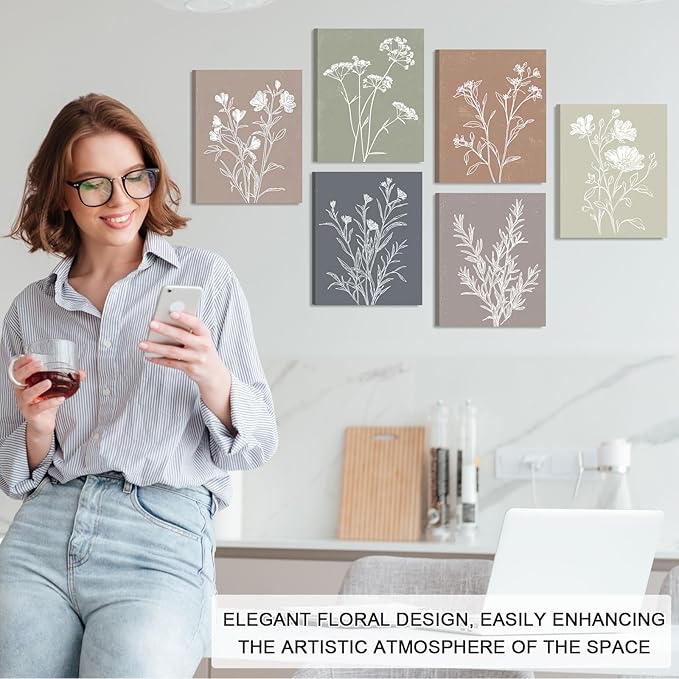 Framed Farmhouse Flower Pictures Wall Art, Nature Floral Pictures Wall Decor, Boho Botanical Wall Art for Bedroom Bathroom Kitchen Living Room Home (Framed, 8x10in, Set of 6)