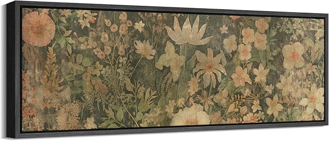SIGNFORD Large Framed Canvas Botanical Garden in Muted Earth Tones Vintage Floral Illustrations Modern Art Calm Warm for Living Room, Bedroom, Office - 60"x20"