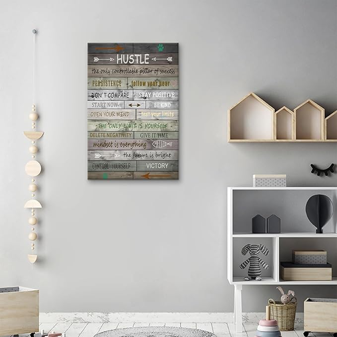 PSYYSP Hustle Sign Motivational Poster Printed on Canvas for Office Wall Decor Inspirational Positive Painting Picture for Home Bathroom Bedroom Classroom Decor Ready to Hang [12''Wx18''H]