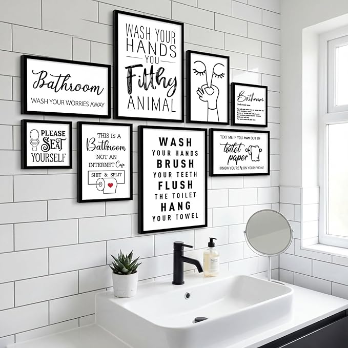 Faccito 8 Set Bathroom Wall Decor Funny Quotes Bathroom Wall Art Interesting Bad Smell Humorous Toilet Wooden Decoration Black and White Funny Art Signs for Washroom