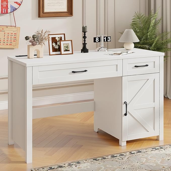 Farmhouse 47" Executive Desk, Computer Desk with Drawers and Storage Cabinet, Workstation Computer Desk for Home Office and Study.(Cream White)