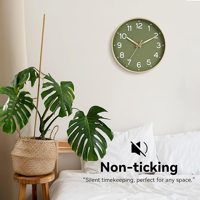 Wall Clock 12 Inch Silent Green Wall Clocks Battery Operated- Modern Non Ticking Analog Clock Decorative for Living Room Bedroom Office Kitchen(Gold)