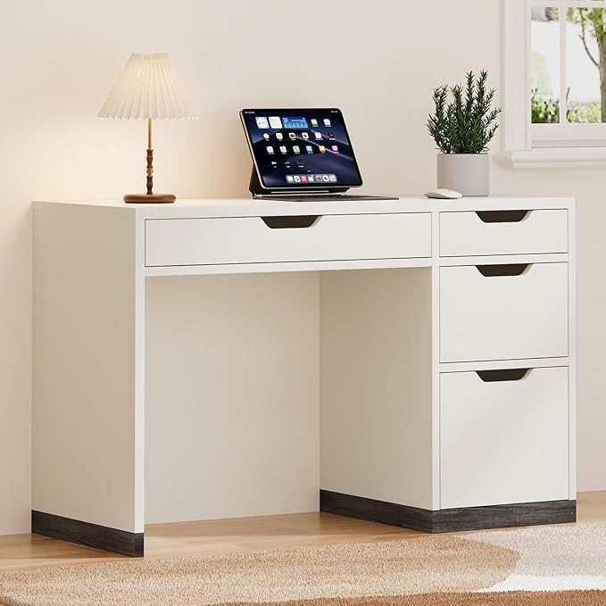 White Desk with Drawers, Small Home Office Desk with 4 Storage Drawers for Small Space, Study Writing Desk for Bedrrom