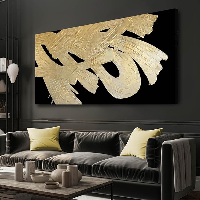 Framed Canvas Prints Gold Abstract Wall Painting on Black Background Graffiti Artwork Black Art for Office Living Room Modern Hanging Decor 24"x 48"