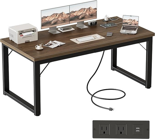Mericonia 54 Inch Computer Desk with Power Outlets, 1.2" Thick Heavy Duty Industrial Office Desk, Modern Simple Study Writing Table for Home Office Bedroom Workstation, Walnut