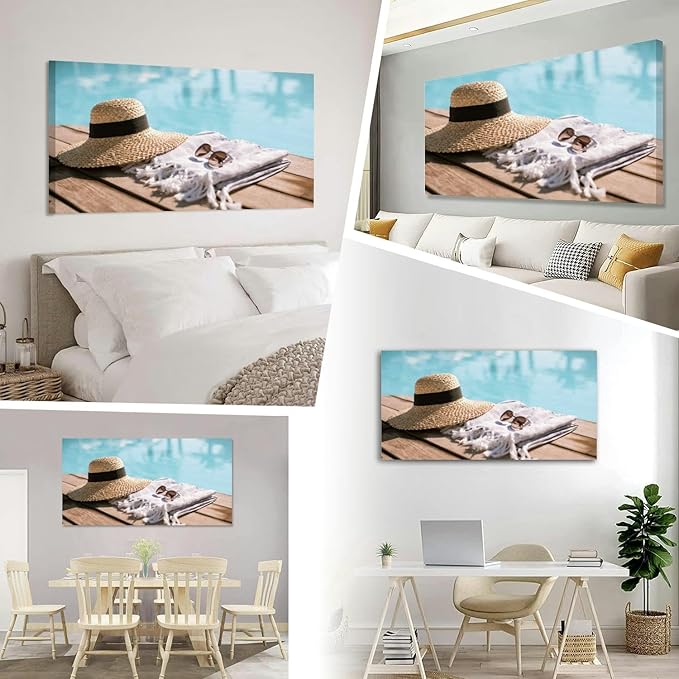 TIGTMULERLY Wall Art Frame Gallery Wall Decor Sunglasses and straw hat Modern Canvas Prints Artwork for Living Room Bedroom Office Kitchen 48x24Inch
