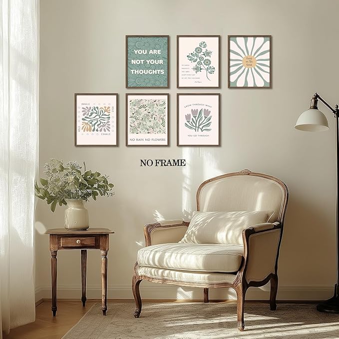 Sage Green Floral Canvas Wall Art Poster Set of 6, Motivational Mental Health Pictures Wall Decor, Inspirational Quotes Botanical Paintings Prints for Therapy Office Living Room Home 12x16in Unframed