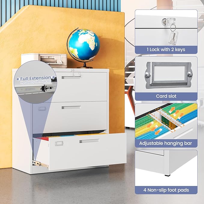 Metal 3 Drawer Lateral File Cabinet with Lock, Wide&Deep Filing Cabinet for Letter/Legal/F4/A4 Hanging Files, Includes Business Card Holder, Home Office School Storage