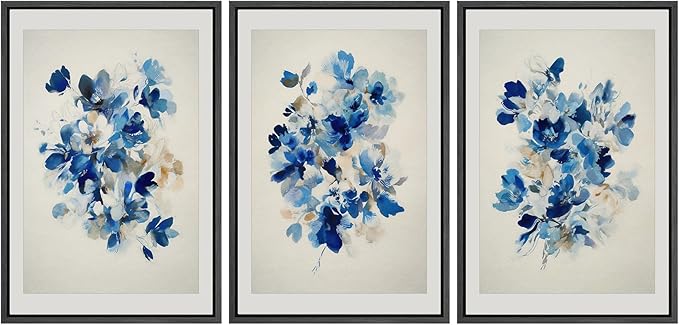 SIGNFORD Framed Wall Art Print Set Blue Blossom Watercolor Floral Botanical Digital Art Modern Art Contemporary for Living Room, Bedroom, Office - 24"x36"x3 BLACK