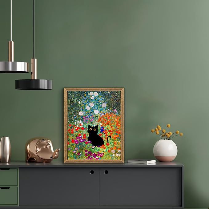 Fantasy Artists Gustav Klimt Canvas Wall Art, Framed Aesthetic Cat Floral Wall Decor, Garden Flower Black Cat Poster Paintings for Living Room Bedroom Bathroon, Dorm Home Decorations, 8" X 10"
