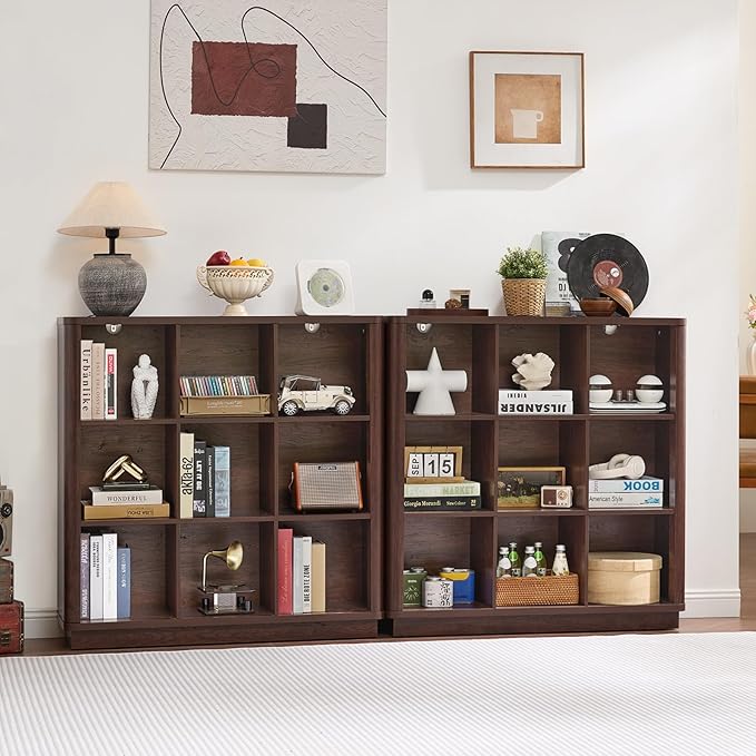 9 Cube Bookshelf, 40.5" Wide Organizer Bookcase with Curved Edge, Wood Floor Standing 3-Tier Cubby Book Shelf with Base, Vintage Display Storage Cabinet for Living Room, Home Office, Walnut