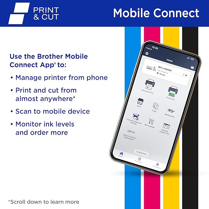 Brother Wireless All-in-One Color Inkjet Printer with Auto Paper Cutter, Scanner, Copier and Fax for Home Office, Print and Cut Machine with Mobile Printing and 150-Sheet Capacity (J1800DW)