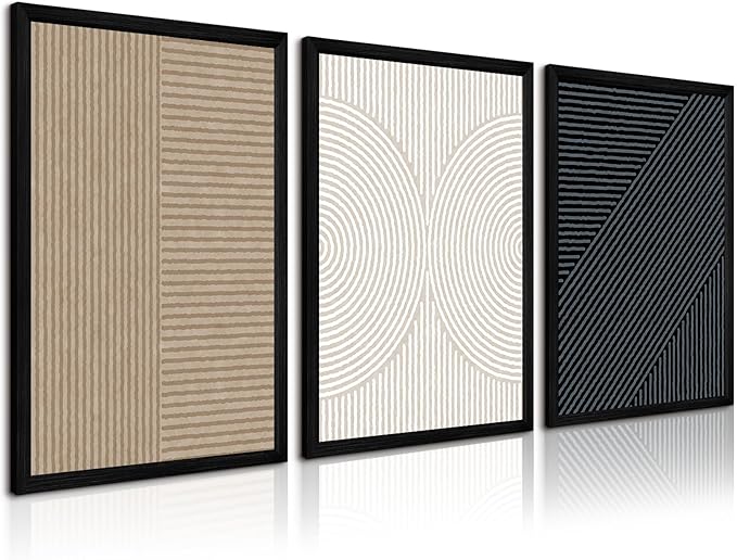 Modern Abstract Pictures Wall Art Boho Neutral Canvas Wall Art Minimalist Line Wall Decor Beige Black Brown Artwork Abstract Modern Painting Prints for Living Room Bedroom 12x16x3 Inch Wood Framed
