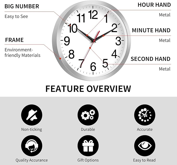 Wall Clock Modern 10 Inch Battery Operated Silent Non Ticking Analog Clock Decorative for Bedroom Kitchen Bathroom Office Home Living Room (Silver)