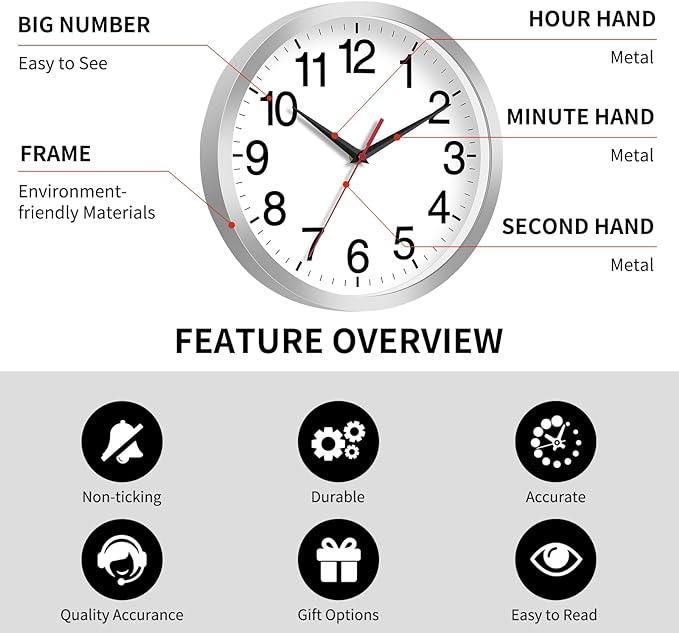 Wall Clock Modern 8 Inch Battery Operated Silent Non Ticking Small Analog Clock Decorative for Living Room Office Home Bedroom Kitchen Bathroom(Silver)