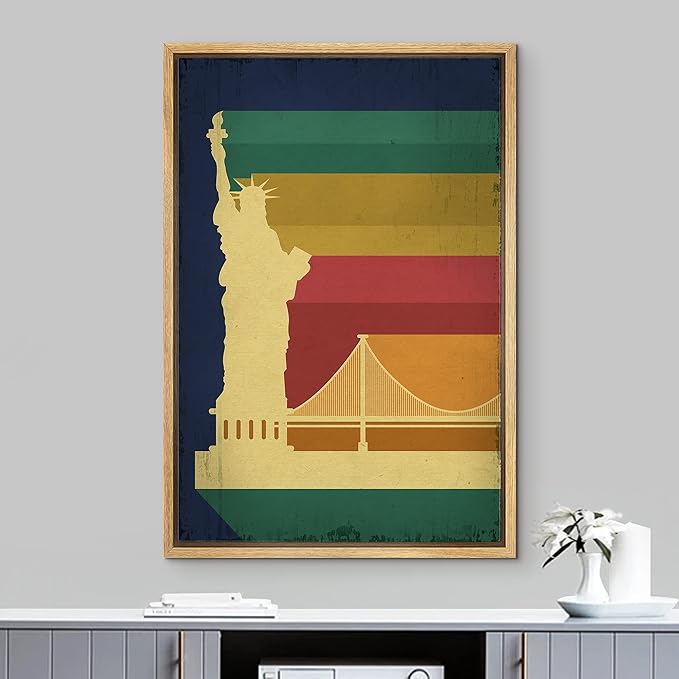 IDEA4WALL Framed Canvas Print Wall Art Retro Vintage Rainbow Statue of Liberty Poster Cultural Building Illustrations Modern Art Contemporary Scenic for Living Room, Bedroom, Office - 24"x36" NATURAL