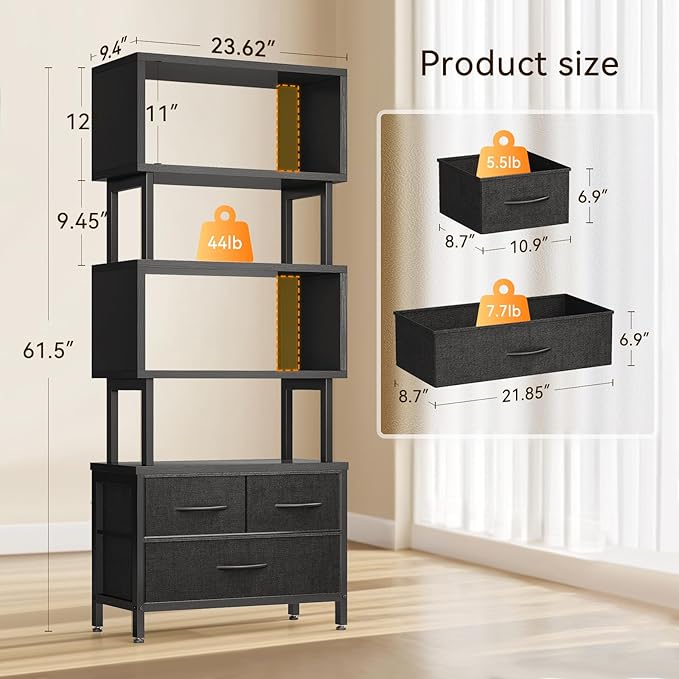 Casaottima 7 Tier Bookshelf, Tall Geometric Bookcase with Fabric Drawers, Modern Display Book Shelves Book Case for Living Room Bedroom, Wood Decorative Standing Shelving Unit for Home Office, Black