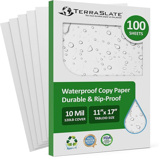 TerraSlate Copier Paper 10 MIL 11" x 17", Rain/Weather/Waterproof Paper, Laser Printer & Copy Machine Compatible, White (100 Sheets)