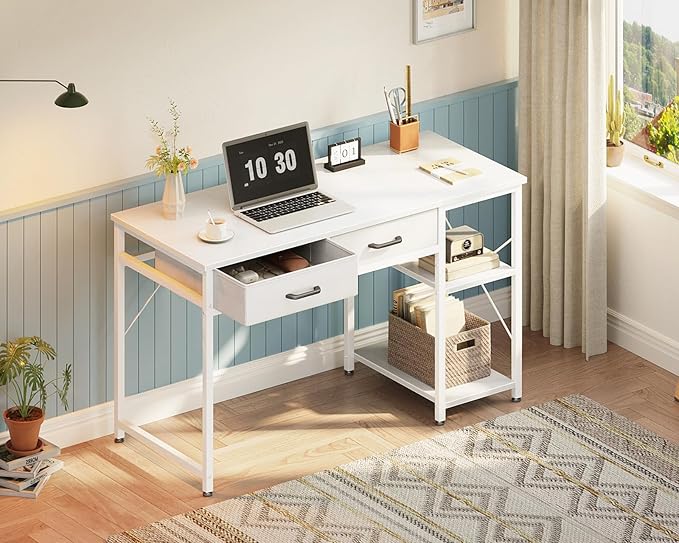Coleshome Small Computer Desk with Drawers, 40 Inch Reversible Home Office Desk with Storage Shelves, Study Laptop Vanity Table for Bedroom Small Space, White