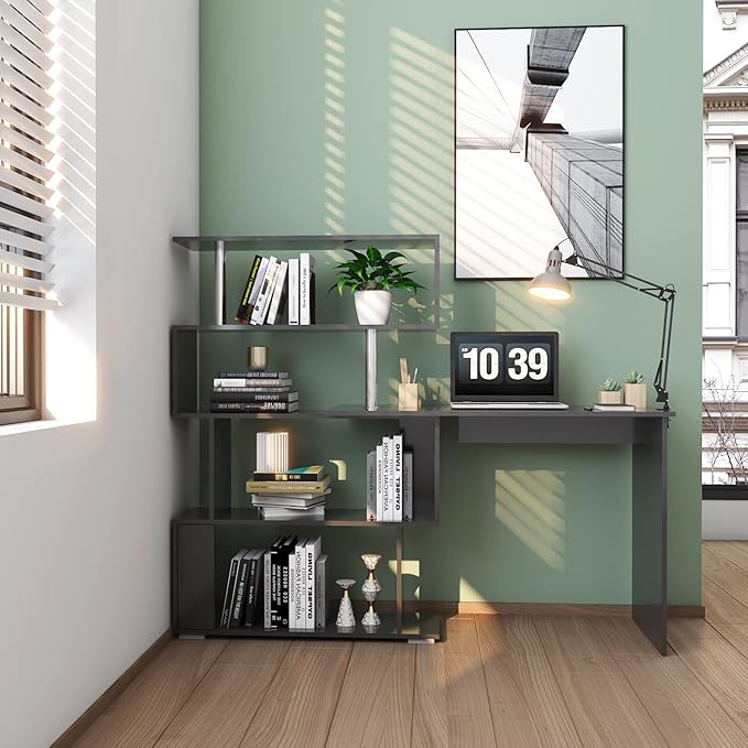 41.7" L Shaped Desk with 4-Tier Storage Shelves, Computer Corner Desk for Study Home Office Living Room (Black)