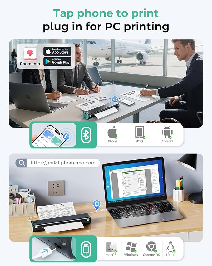 Phomemo Portable Printers Wireless for Travel, M08F Thermal Bluetooth Printer Support for 8.5"x11" US Letter, Small Inkless Printer Compatible with iOS, Android, Laptop for Car, Office, Home