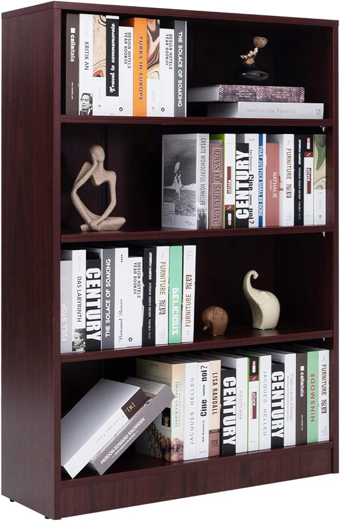 Farini Mahogany Bookshelf for Bedroom 4 Shelf Office Bookcase 48 Inches Tall Modern Wood Bookshelf for Living Room 4 Tier Wide Manga Books