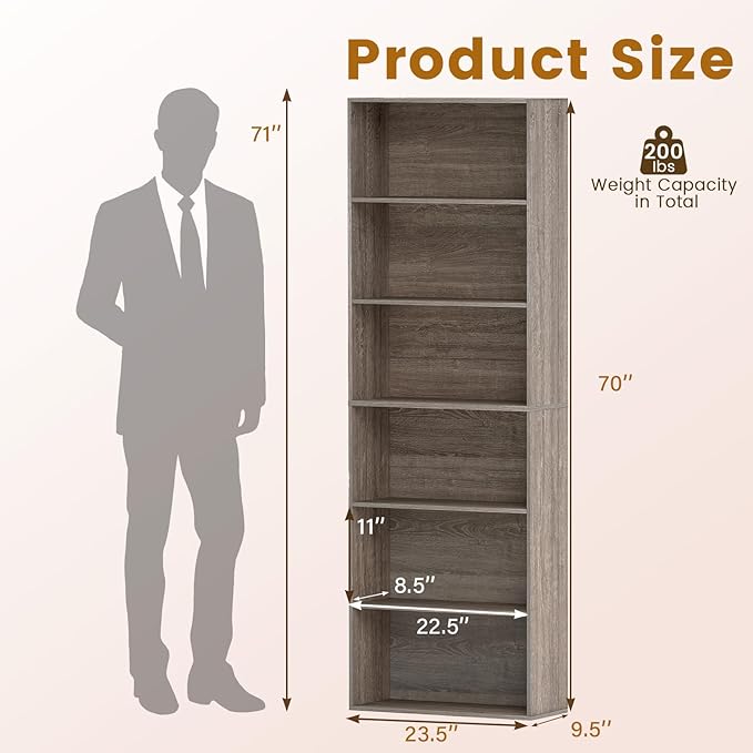 Tangkula 6-Tier Bookcase, 70” Tall Freestanding Bookshelf with 6 Open Shelves, Anti-Toppling Kits, Floor Display Storage Organizer for Living Room, Study, Kitchen, Home & Office (Gray, 70" H)