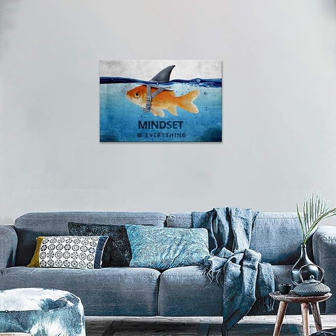 Inspirational Wall Art Goldfish Shark Pictures Blue and Grey Canvas Painting Motivational Quote Mindset Posters HD Prints Artwork Office Decor for Living Room Bedroom Framed (16”Hx12”W)