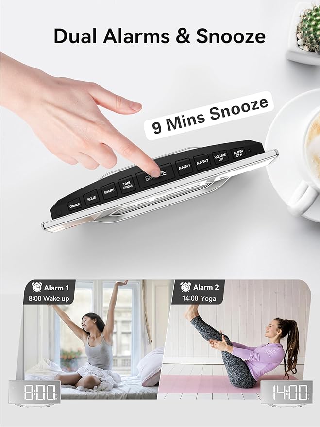 Digital Clock for Living Room, Slim LED Mirror Digital Alarm Clock with 2 USB Ports, Dual Alarms, 12/24H, Large Display with Diming Mode, Modern Electronic Clock for Bedroom Home Office Desk Decor