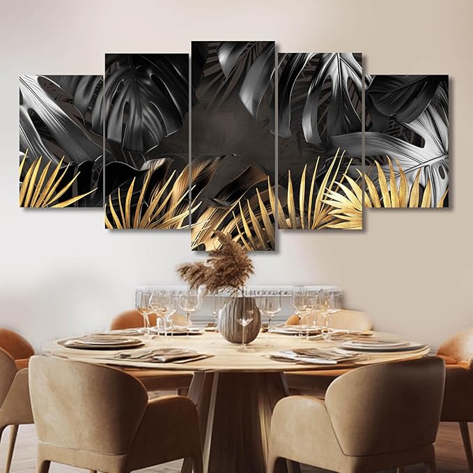 Black and Gold Leaves Painting Wall Decor for Living Room Nature Canvas Art Modern Artwork Framed Prints for Home Bedroom Picture Poster 5 Pieces Ready to Hang (12"x20"x2pcs+12"x28"x2pcs+12"x32")