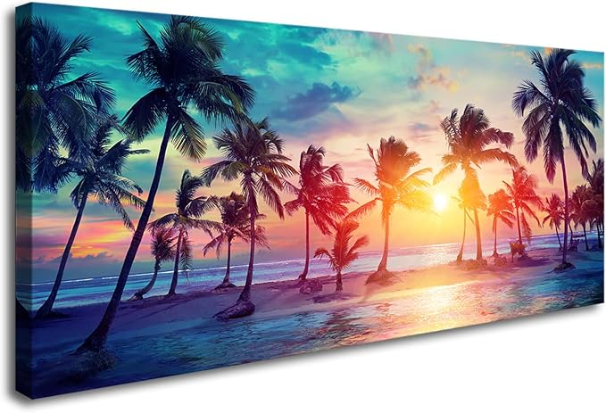 DZL Art S75575 Canvas Wall Art Palm Trees Silhouettes On Tropical Beach At Sunset Beach Seascape Painting Nature Pictures for Living Room Home Office Wall Decor Artwork