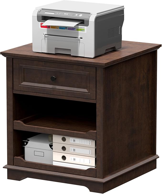 Lateral File Cabinet 3 Drawer File Cabinet with Charging Station, Wood Lateral Filing Cabinet, Printer Stand with Open Adjustable Storage Shelves for Home Office, Cherry