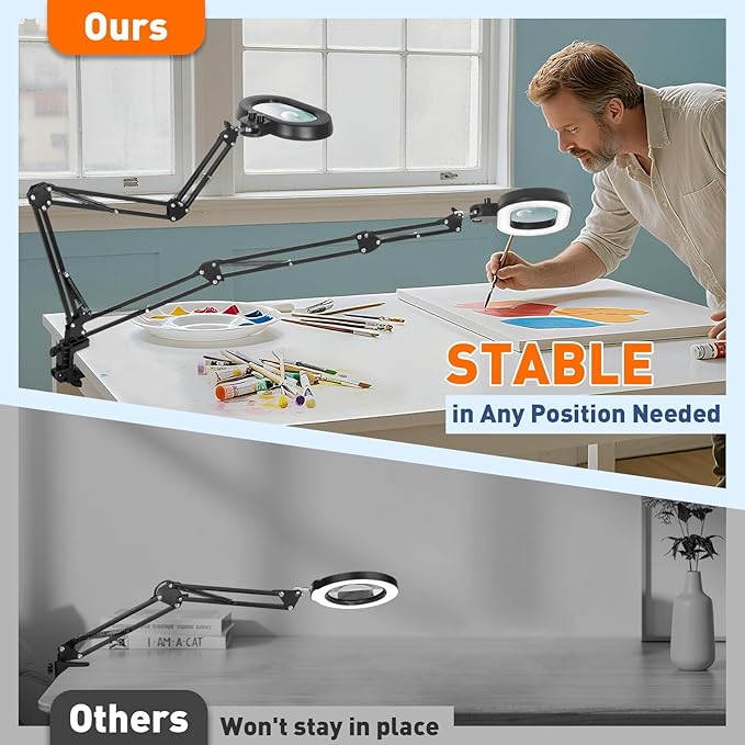KIRKAS 12X&30X Magnifying Glass with Light Three-axis Rotation, Extra-Long Arm Magnifying Lamp for Workbench Sewing, Lighted Magnifier Real Glass Lens Stepless Dimming and Color(12X&30X Oval Clamp)