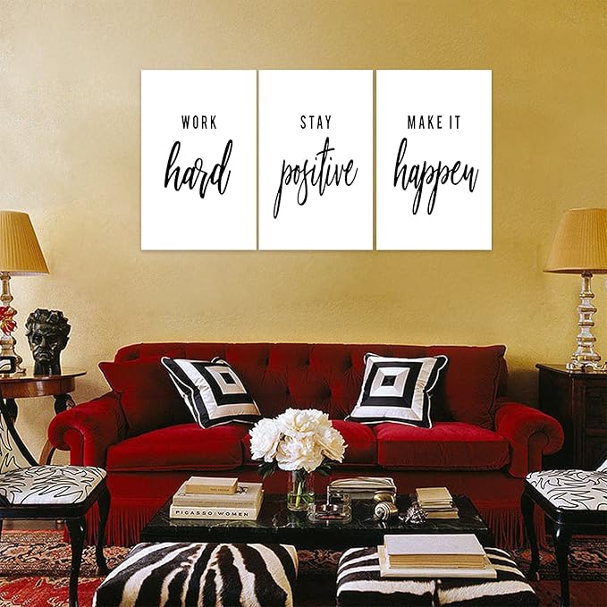 3 Piece Inspirational Wall Art, White Motivational Mindset Picture, Quote "Work Stay Make It" Canvas Print for Office Decor, Triptych Entrepreneur Poster Framed Artwork for Gym Wall Decor (72"Wx36" H)