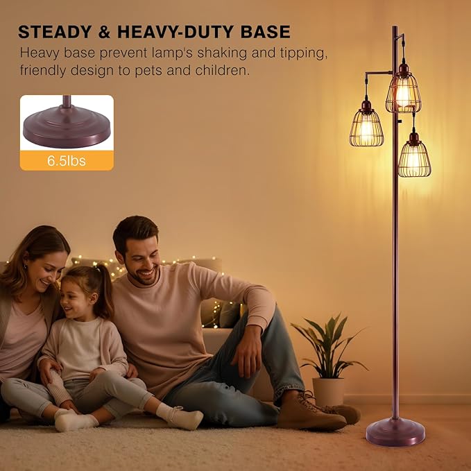 Farmhouse 70'' Dimmable Floor Lamp for Living Room Oil Rubbed Bronze 3-Light Tall Lamp with Bird Caged Lampshade Bedroom Floor Tree Standing Lamp (3xLED Bulb Included) - 315603ORB