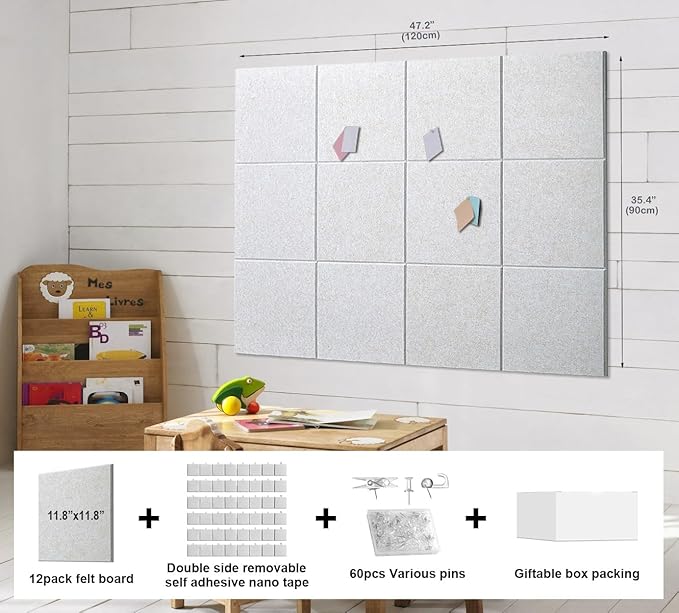Felt Wall Tiles Bulletin Board Large Cork Board Alternative 12 Pack 11.81”x11.81”x0.47” Felt Pin Board Tack Board with Safe Removable Adhesive Tabs for Home Office School 48x36(Light Camel)