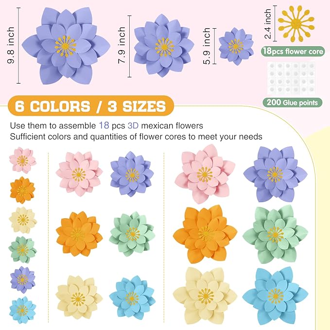 18 Pcs Paper Flowers Decor for Wall DIY Flower Bulletin Board 3D Spring Fiesta Mexican Paper Floral Decoration for Photo Backdrop Classroom Back to School Party(Lotus-Shaped,Bright)