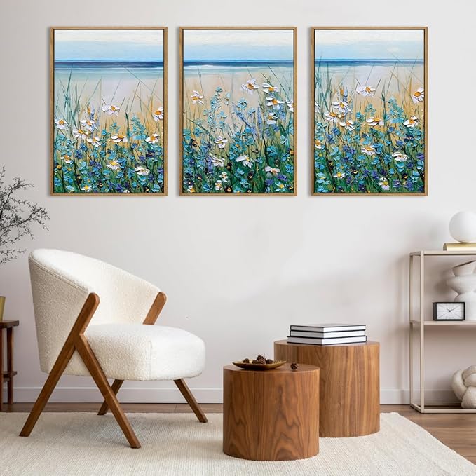 BINCUE Extra Large Blue Flowers Wall Art Framed,Watercolor Wildflowers Artwork,Blue Florals Canvas Wall Art,Flower Sea Artwork Landscape,Blossom Seaside Painting Daisy for Living Room Bedroom 16x24‘’