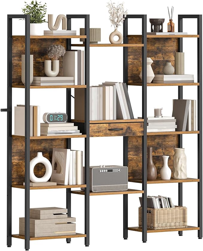 HOOBRO Triple Book Shelf, Industrial Bookshelf with Drawer, 5-Tier Bookcase with Metal Frame, Bookcase with 13 Open Display Shelves for Home Office, Living Room, Rustic Brown and Black BF160SJ01