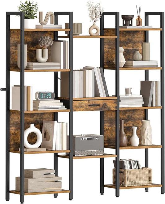 HOOBRO Triple Book Shelf, Industrial Bookshelf with Drawer, 5-Tier Bookcase with Metal Frame, Bookcase with 13 Open Display Shelves for Home Office, Living Room, Rustic Brown and Black BF160SJ01