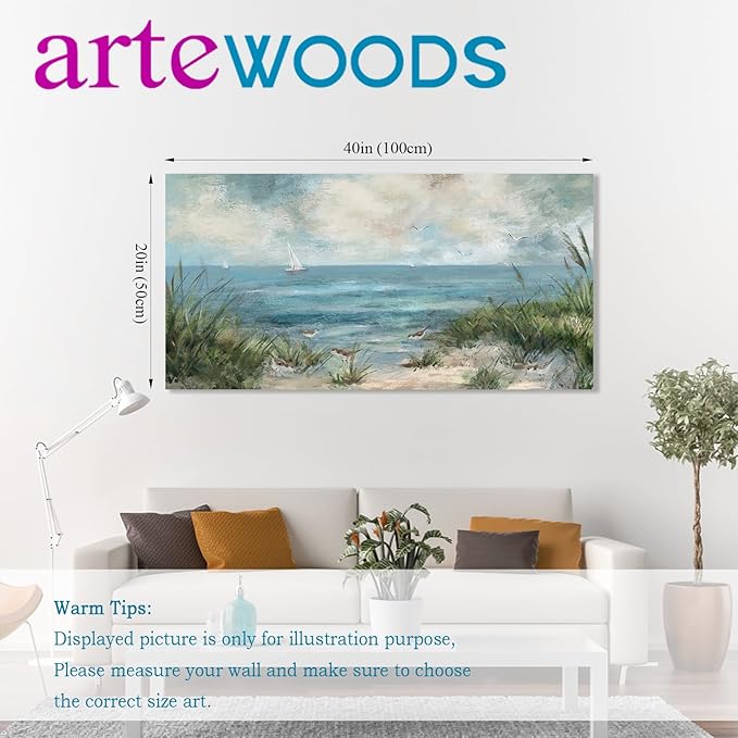 arteWOODS Vintage Seascape Canvas Prints Wall Decor Ocean Sailboat Canvas Pictures Seagull Bird Reed Canvas Painting Artwork for Living Room Bedroom Office Decoration 20" X 40"